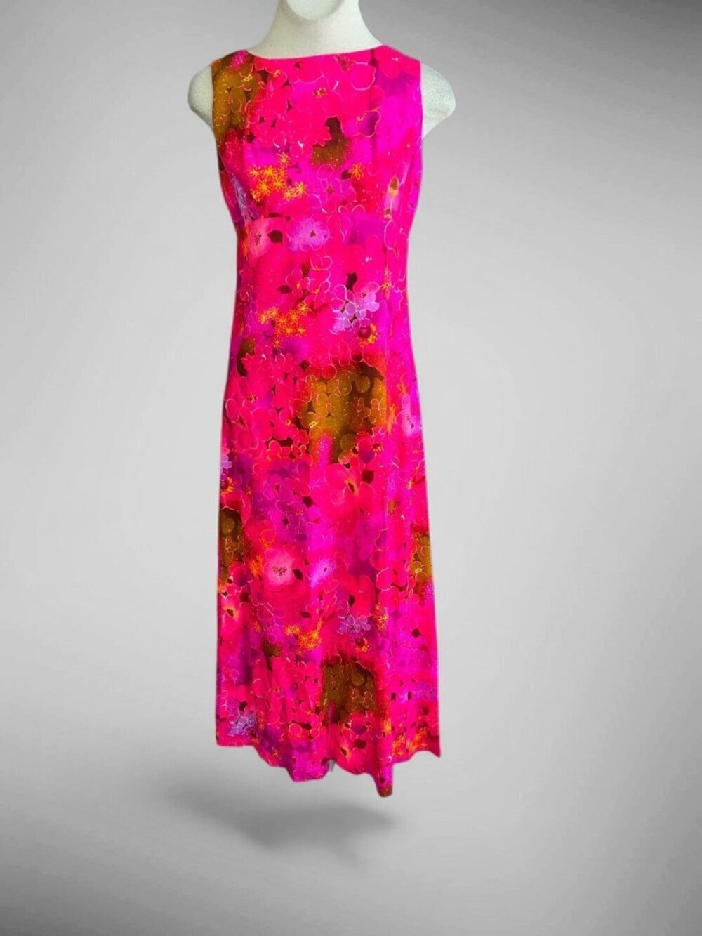 By Tia Hawaiian Maxi Dress Pink Floral Low Gathered Back Vintage Made in Hawaii
